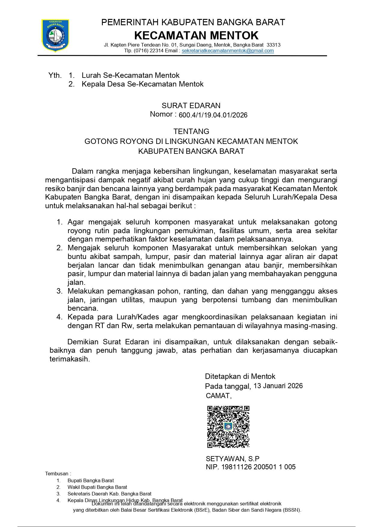 Surat Edaran Camat Mentok Nomor : 600.4/1/19.04.01/2026 Tahun 2026